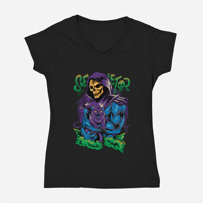Skull Love Cat-Womens-V-Neck-Tee-spoilerinc