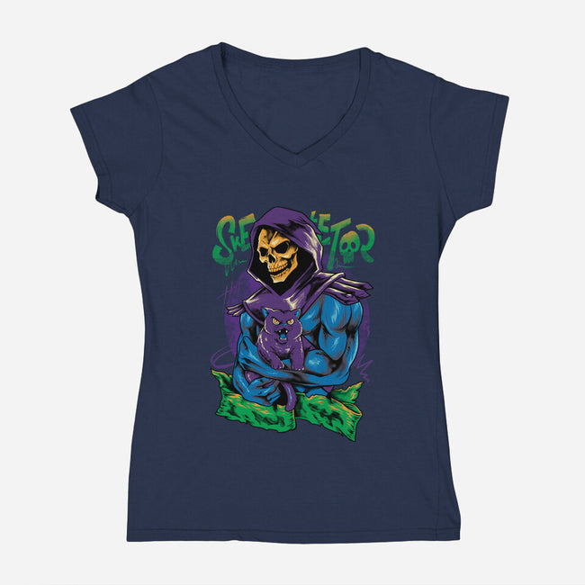 Skull Love Cat-Womens-V-Neck-Tee-spoilerinc