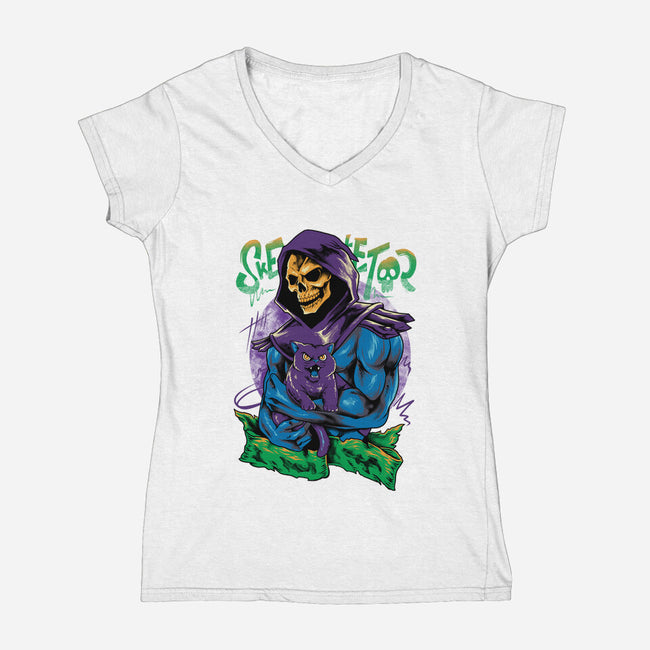 Skull Love Cat-Womens-V-Neck-Tee-spoilerinc