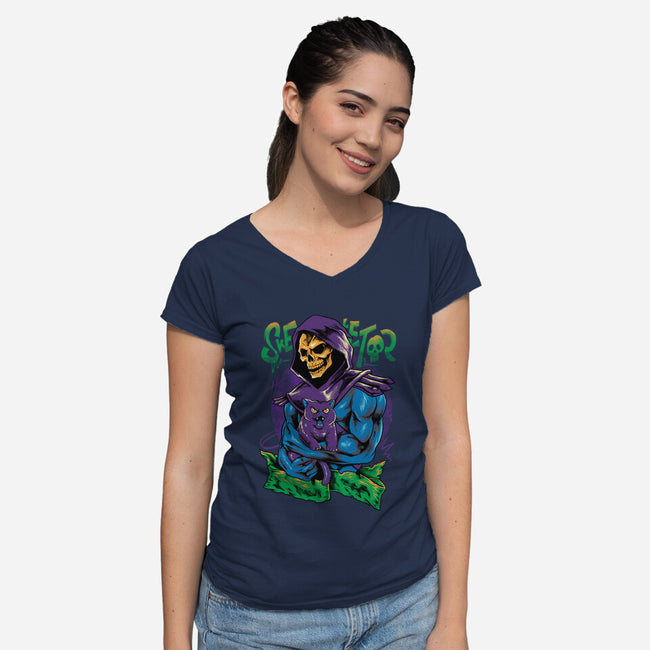 Skull Love Cat-Womens-V-Neck-Tee-spoilerinc