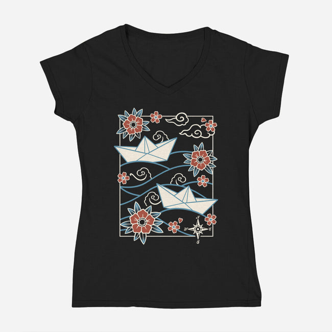 Origami Boat-Womens-V-Neck-Tee-NemiMakeit