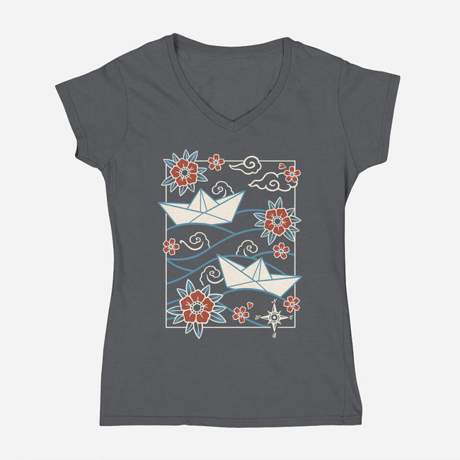 Origami Boat-Womens-V-Neck-Tee-NemiMakeit