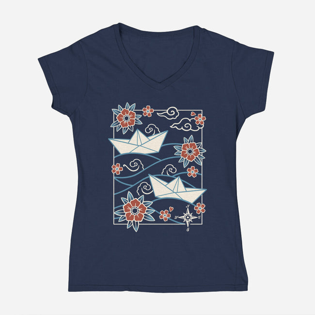 Origami Boat-Womens-V-Neck-Tee-NemiMakeit