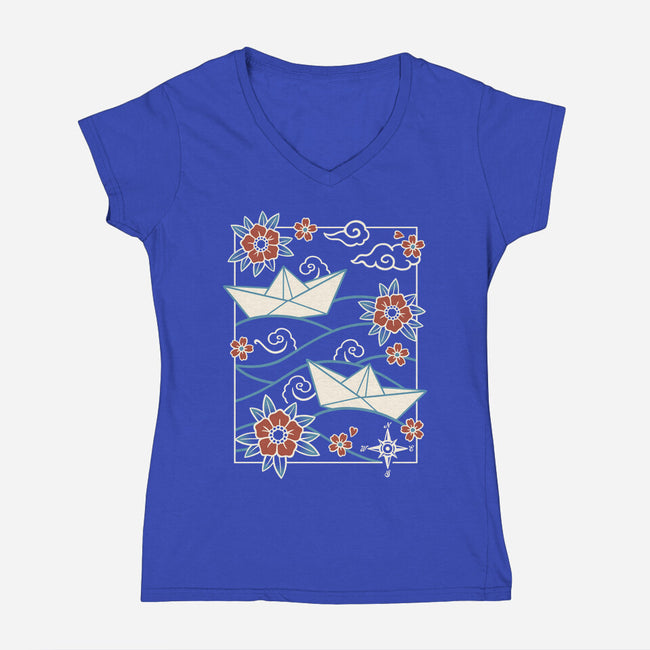 Origami Boat-Womens-V-Neck-Tee-NemiMakeit