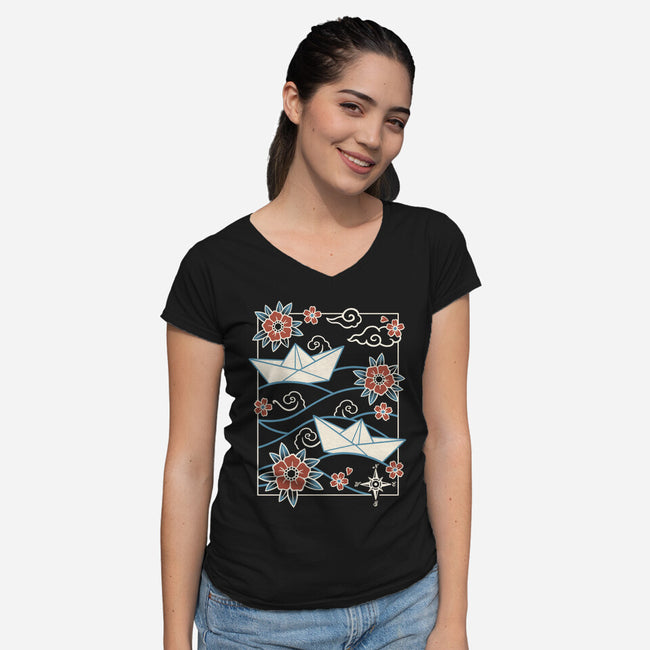 Origami Boat-Womens-V-Neck-Tee-NemiMakeit