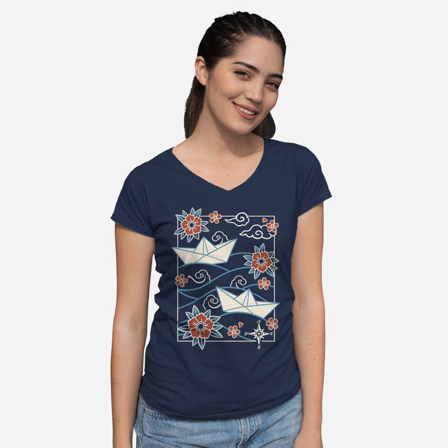 Origami Boat-Womens-V-Neck-Tee-NemiMakeit