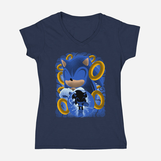 Classic Blue Hedgehog-Womens-V-Neck-Tee-rmatix