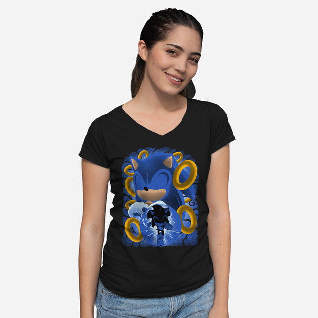 Classic Blue Hedgehog-Womens-V-Neck-Tee-rmatix