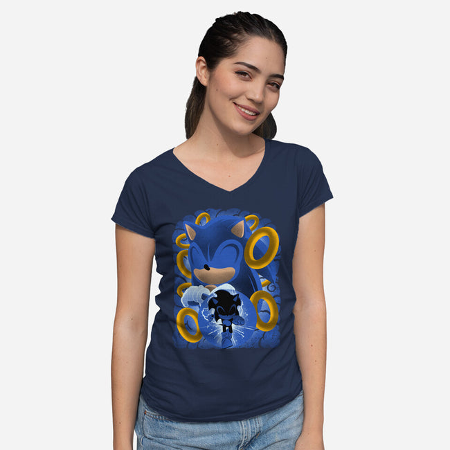 Classic Blue Hedgehog-Womens-V-Neck-Tee-rmatix