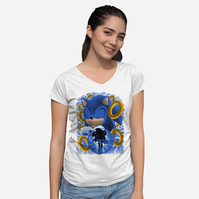 Classic Blue Hedgehog-Womens-V-Neck-Tee-rmatix