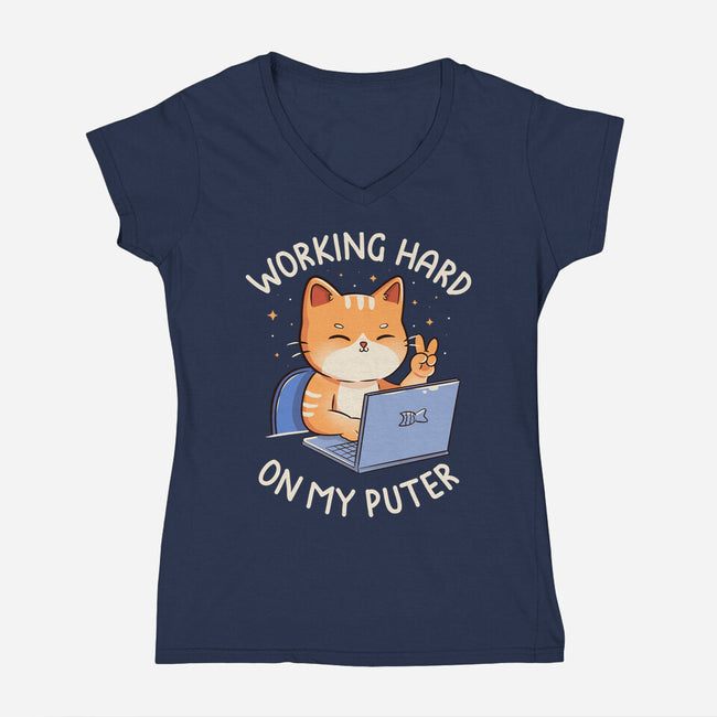 Working Hard On My Puter-Womens-V-Neck-Tee-tobefonseca