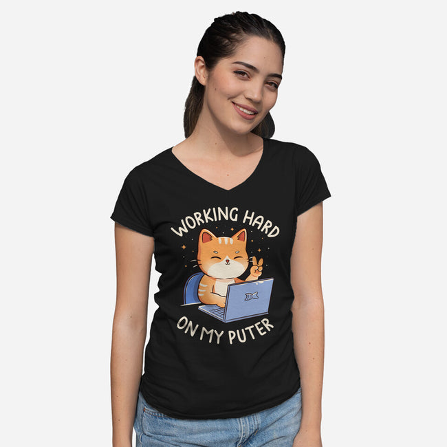 Working Hard On My Puter-Womens-V-Neck-Tee-tobefonseca
