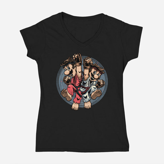 Mushroom Kingdom Martial Arts-Womens-V-Neck-Tee-glitchygorilla
