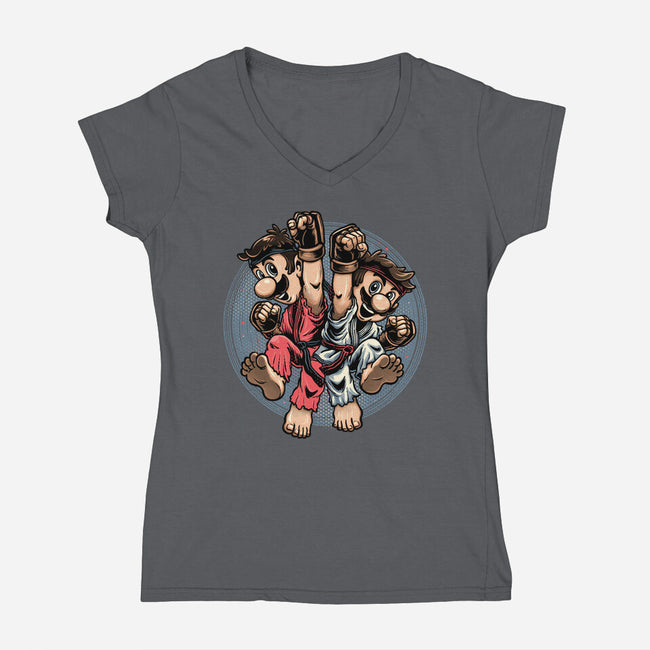 Mushroom Kingdom Martial Arts-Womens-V-Neck-Tee-glitchygorilla