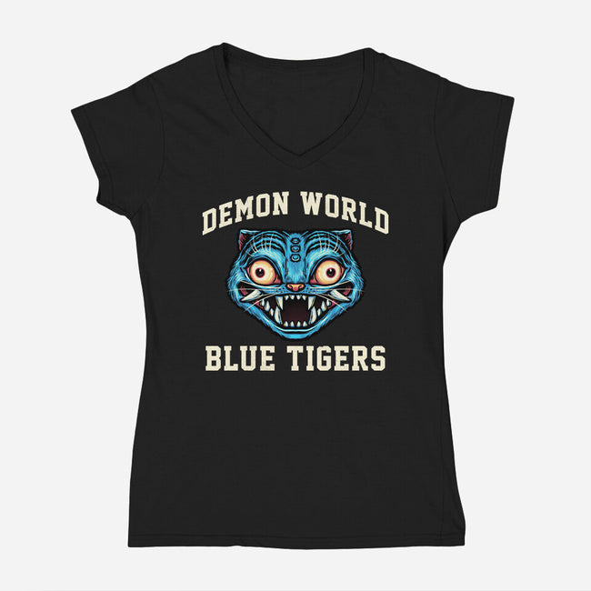 Demon World Blue Tigers-Womens-V-Neck-Tee-glitchygorilla