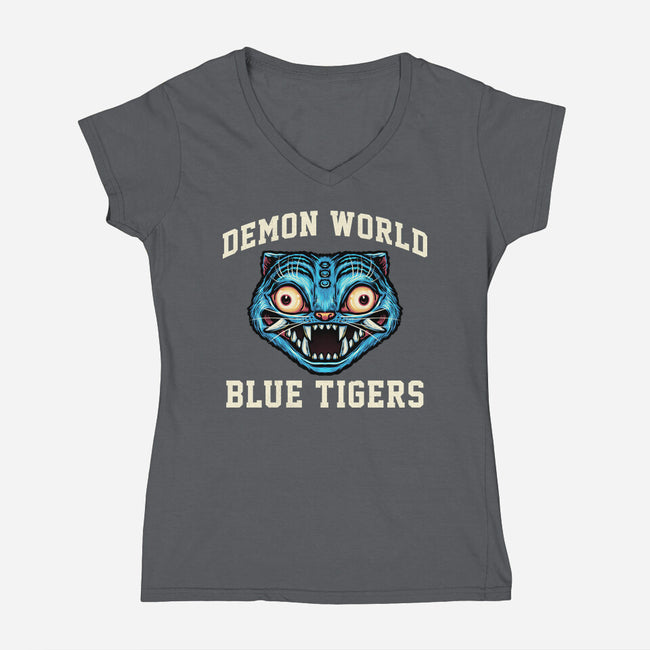 Demon World Blue Tigers-Womens-V-Neck-Tee-glitchygorilla
