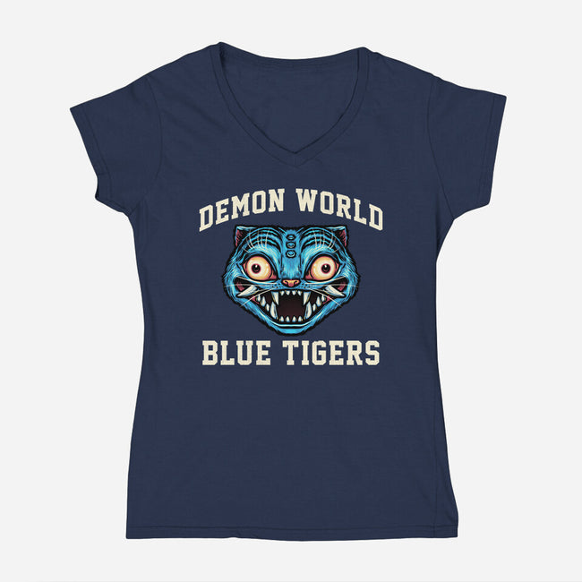 Demon World Blue Tigers-Womens-V-Neck-Tee-glitchygorilla