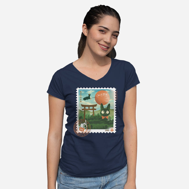 Delivery Express Mail Stamp-Womens-V-Neck-Tee-dandingeroz