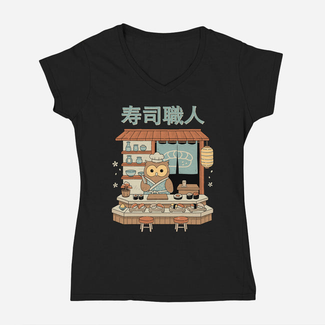 Owl Sushi Master-Womens-V-Neck-Tee-GODZILLARGE