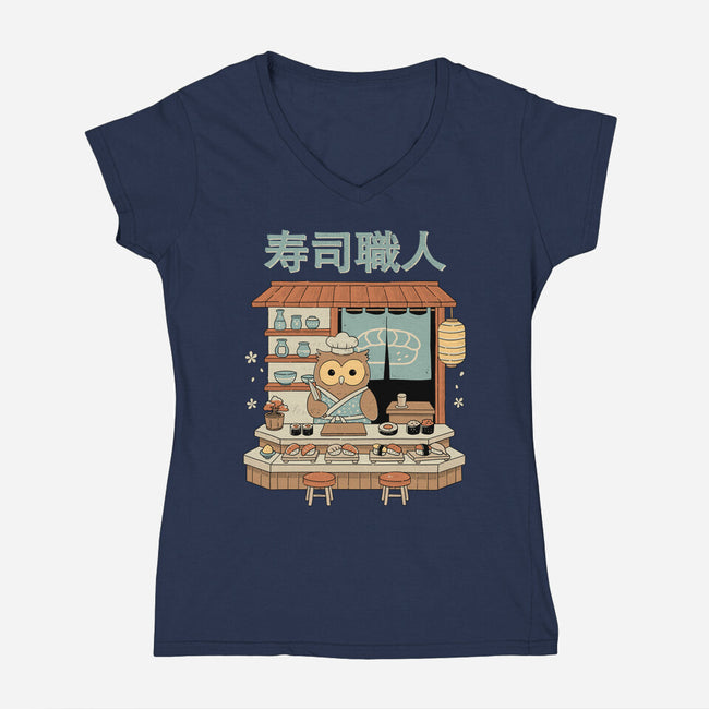 Owl Sushi Master-Womens-V-Neck-Tee-GODZILLARGE