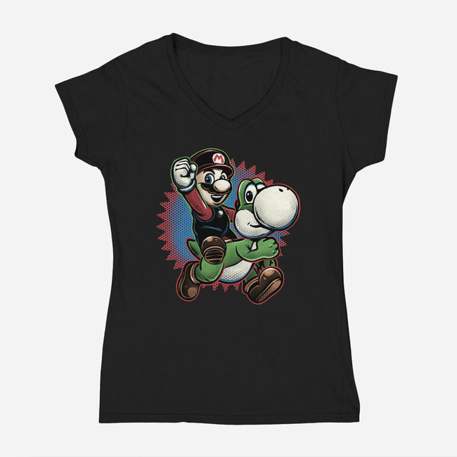 Ride The Green Dino-Womens-V-Neck-Tee-glitchygorilla