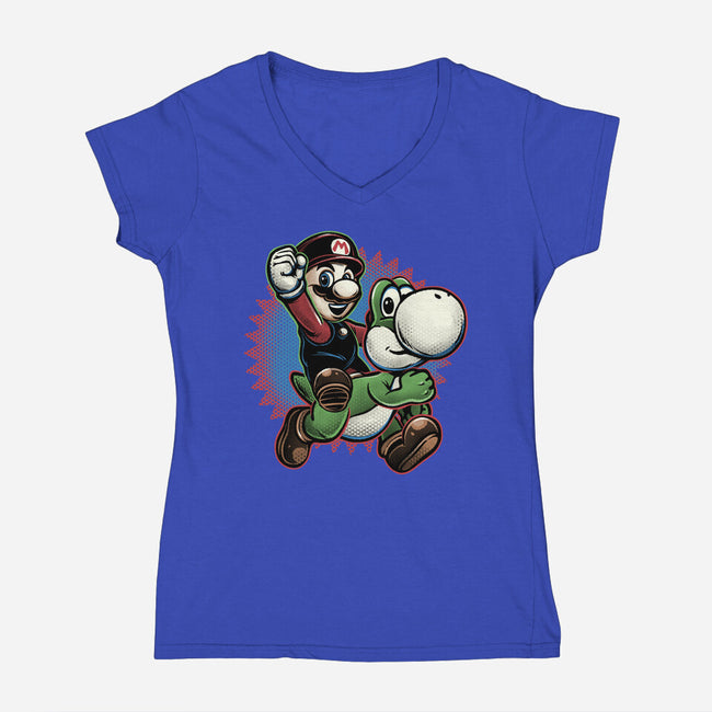 Ride The Green Dino-Womens-V-Neck-Tee-glitchygorilla
