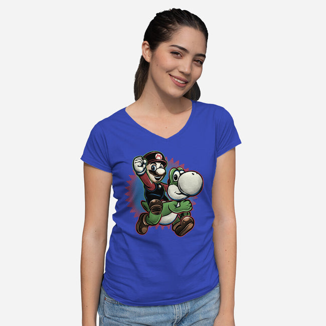 Ride The Green Dino-Womens-V-Neck-Tee-glitchygorilla