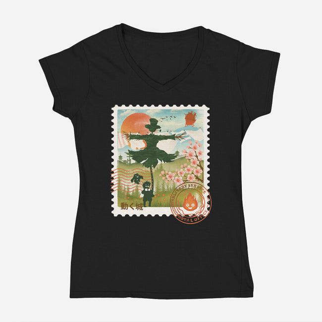 Howl's Moving Mail Stamp-Womens-V-Neck-Tee-dandingeroz