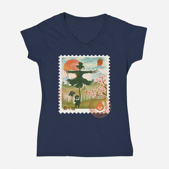 Howl's Moving Mail Stamp-Womens-V-Neck-Tee-dandingeroz