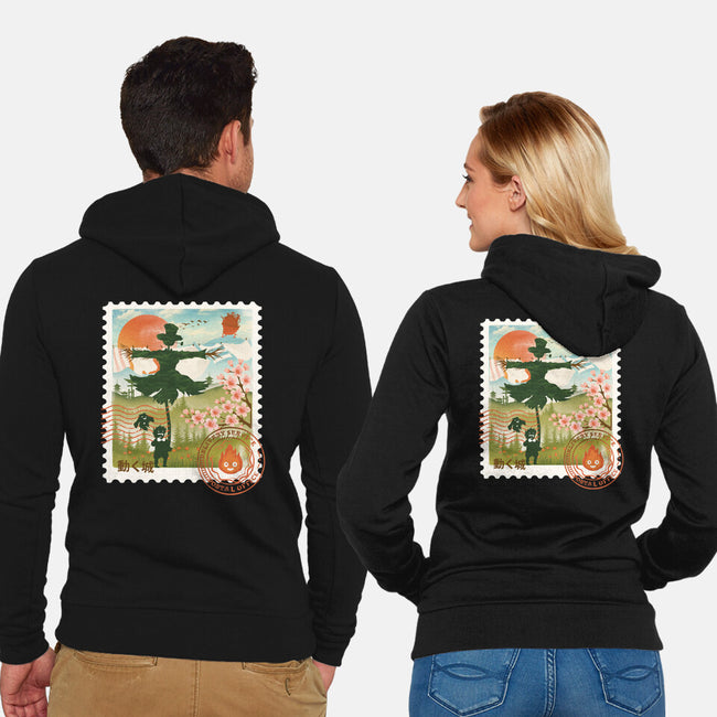 Howl's Moving Mail Stamp-Unisex-Zip-Up-Sweatshirt-dandingeroz