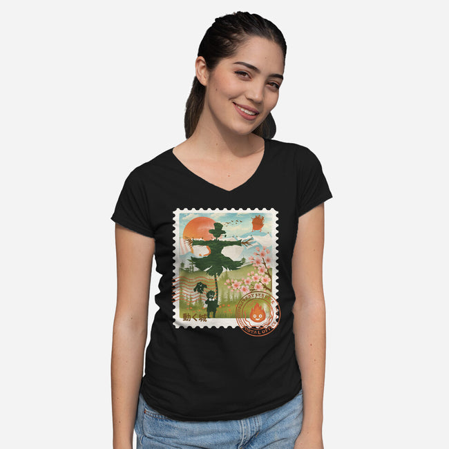 Howl's Moving Mail Stamp-Womens-V-Neck-Tee-dandingeroz