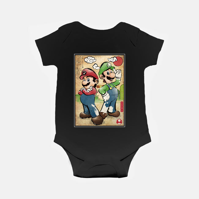 Super Plumber Bros Woodblock-Baby-Basic-Onesie-DrMonekers
