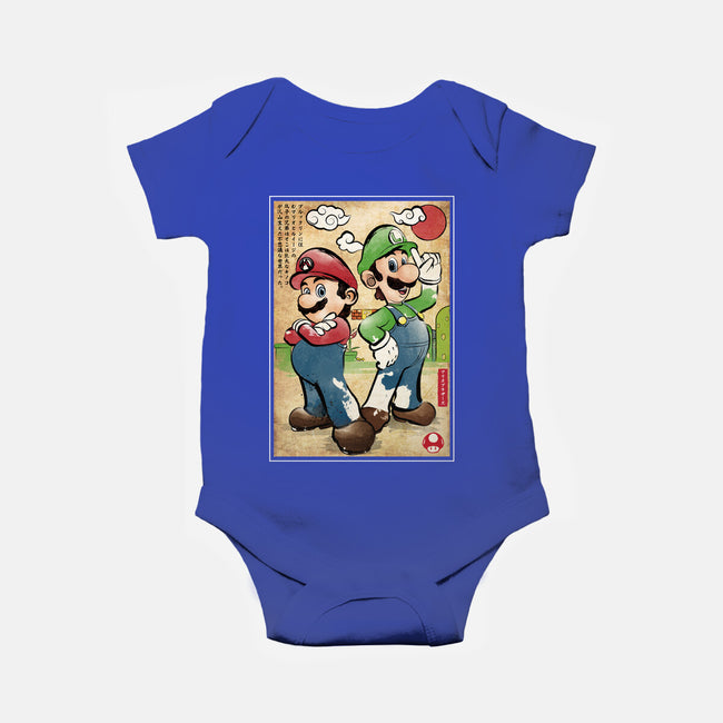 Super Plumber Bros Woodblock-Baby-Basic-Onesie-DrMonekers