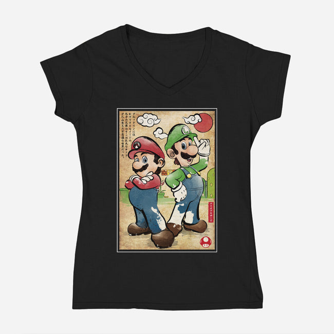 Super Plumber Bros Woodblock-Womens-V-Neck-Tee-DrMonekers