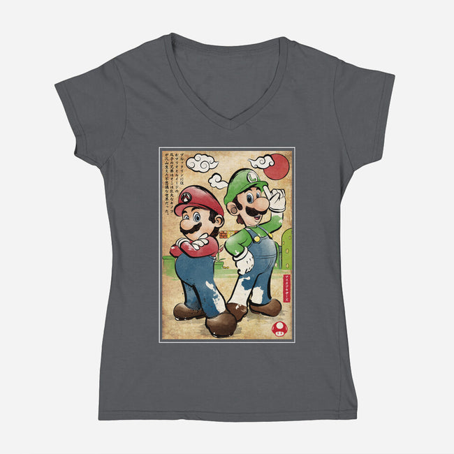 Super Plumber Bros Woodblock-Womens-V-Neck-Tee-DrMonekers