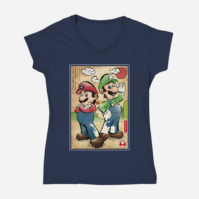 Super Plumber Bros Woodblock-Womens-V-Neck-Tee-DrMonekers
