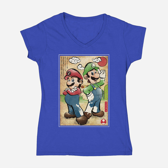 Super Plumber Bros Woodblock-Womens-V-Neck-Tee-DrMonekers