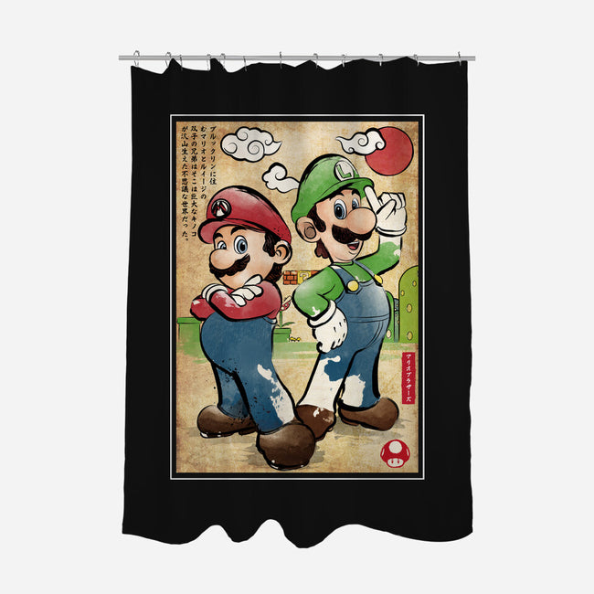 Super Plumber Bros Woodblock-None-Polyester-Shower Curtain-DrMonekers