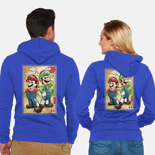 Super Plumber Bros Woodblock-Unisex-Zip-Up-Sweatshirt-DrMonekers