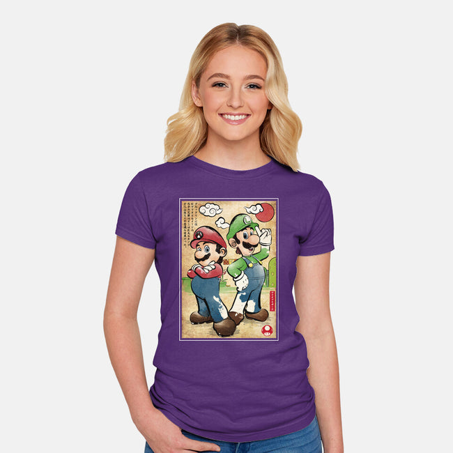 Super Plumber Bros Woodblock-Womens-Fitted-Tee-DrMonekers