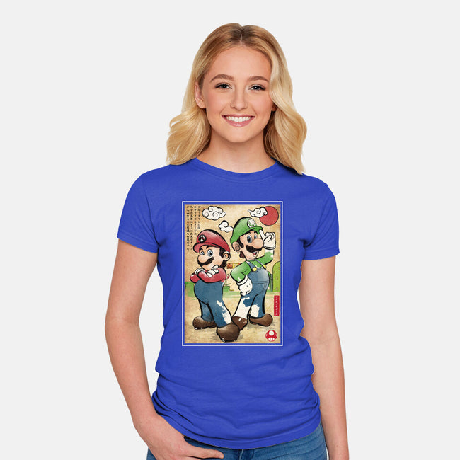 Super Plumber Bros Woodblock-Womens-Fitted-Tee-DrMonekers