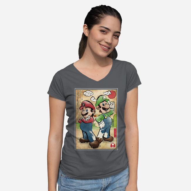 Super Plumber Bros Woodblock-Womens-V-Neck-Tee-DrMonekers