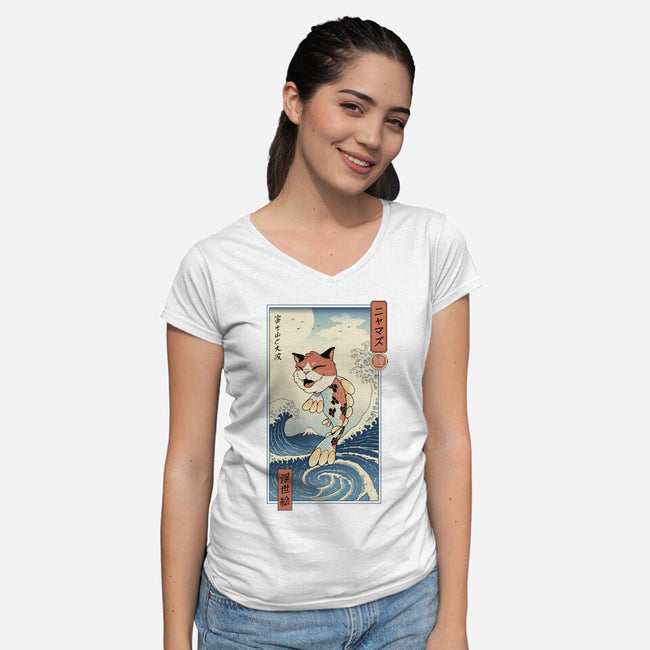 Cat Fish Ukiyo-e-Womens-V-Neck-Tee-vp021