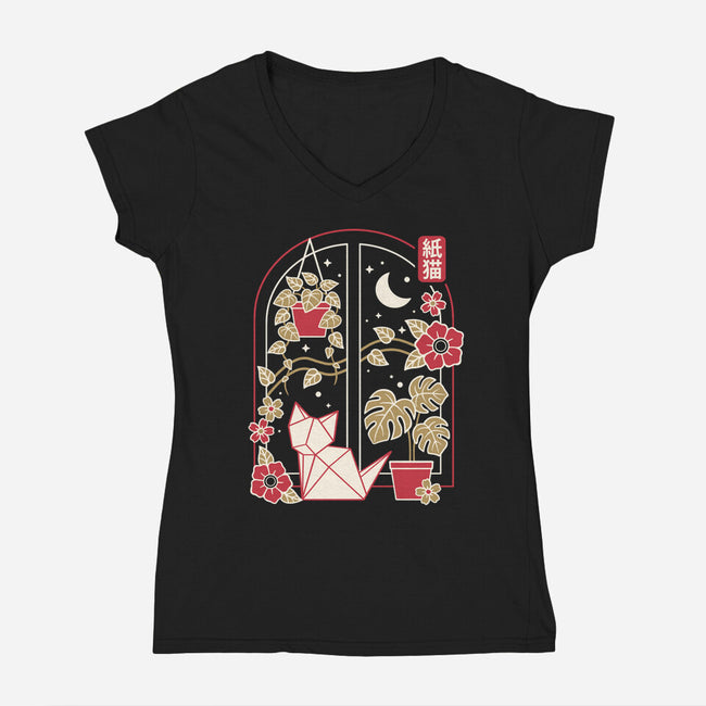 Origami Cat At Window-Womens-V-Neck-Tee-NemiMakeit