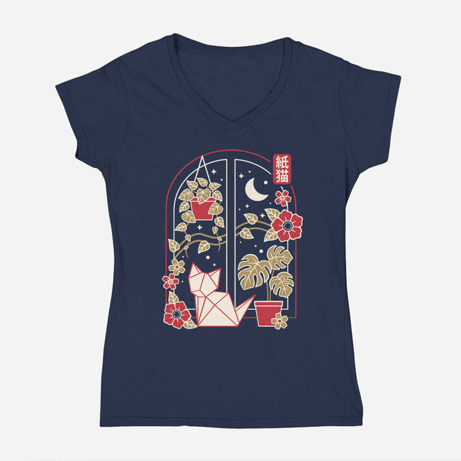 Origami Cat At Window-Womens-V-Neck-Tee-NemiMakeit