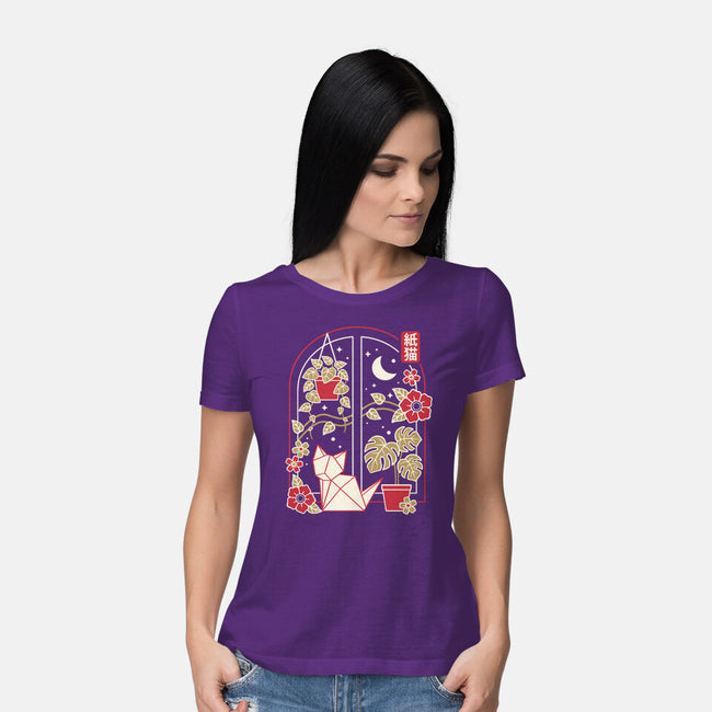 Origami Cat At Window-Womens-Basic-Tee-NemiMakeit