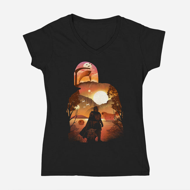 Bounty Hunter Sunset-Womens-V-Neck-Tee-dandingeroz