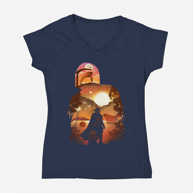 Bounty Hunter Sunset-Womens-V-Neck-Tee-dandingeroz