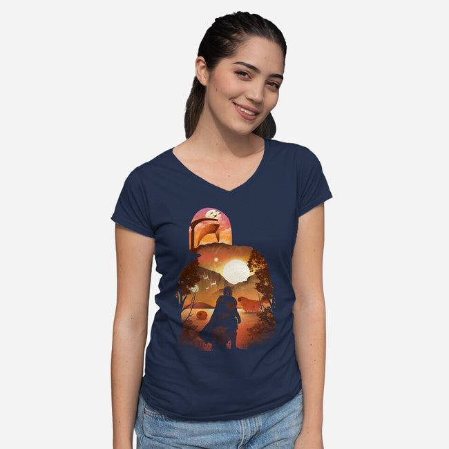 Bounty Hunter Sunset-Womens-V-Neck-Tee-dandingeroz