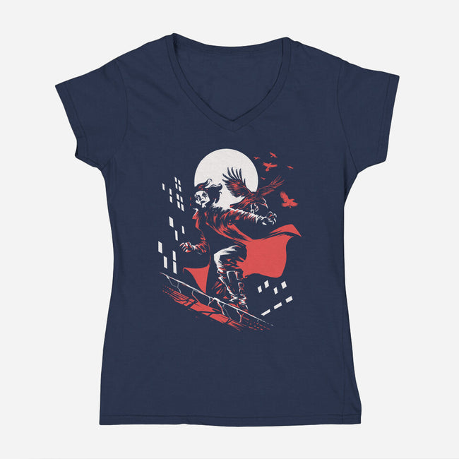 Retro Crow-Womens-V-Neck-Tee-zascanauta
